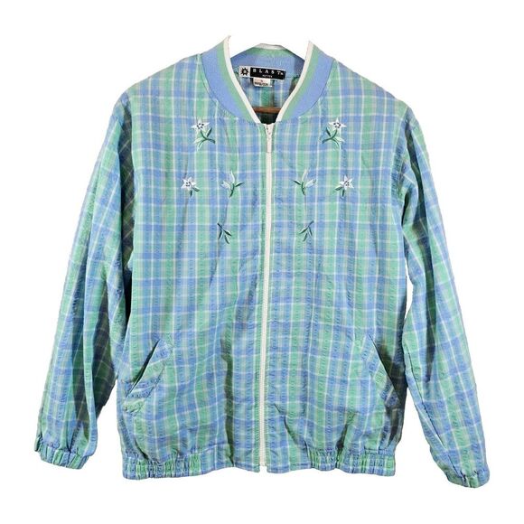 Jackets & Blazers - Blast Petites Jacket Cottagecore Grannycore Retro Floral Plaid Blue Green PS